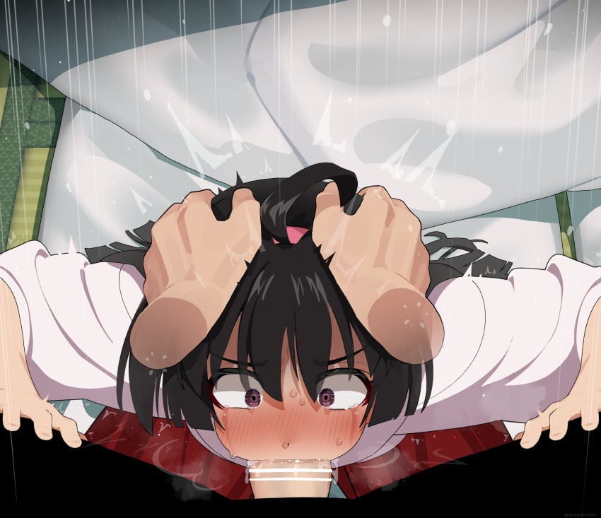 1boy absurdres ahoge bar_censor black_hair censored commentary_request fellatio female hakama hands_on_another's_head highres indoors irrumatio japanese_clothes kimono long_hair miko mizumizuni mochizuki_ayako nige_jouzu_no_wakagimi oral penis pov purple_eyes red_hakama red_skirt skirt straight white_kimono