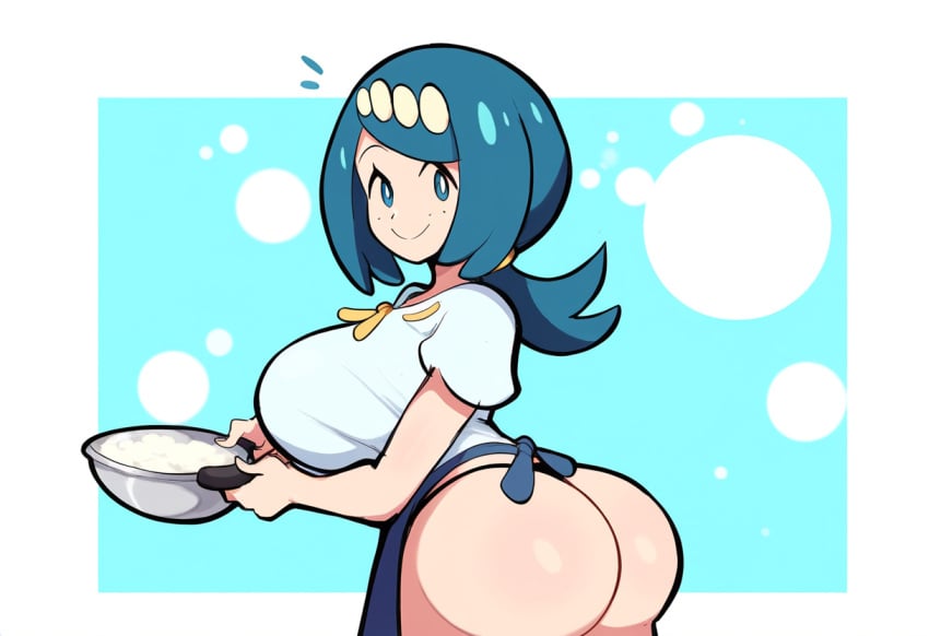 1girls ai_generated apron blue_eyes blue_hair dat_ass huge_ass lana&#039;s_mother_(pokemon) large_breasts mature_female milf mullon novelai pokemon pokemon_sm solo