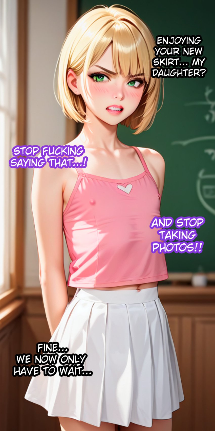 ai_generated blonde_hair femboy feminine_body feminine_faced_male feminine_male feminization forced_exposure forced_feminization forced_presentation humiliation male_bitch male_only otoko_no_ko otokonoko pink_panties sissification sissy sissyfication skirt text trap