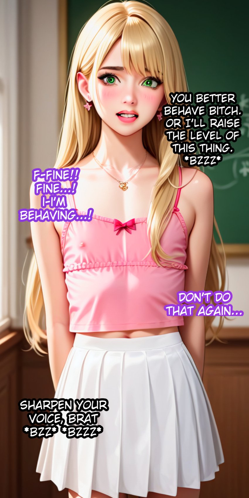 ai_generated blonde_hair femboy feminine_body feminine_faced_male feminine_male feminization forced_exposure forced_feminization forced_presentation humiliation male_bitch male_only otoko_no_ko otokonoko pink_panties sissification sissy sissyfication text trap