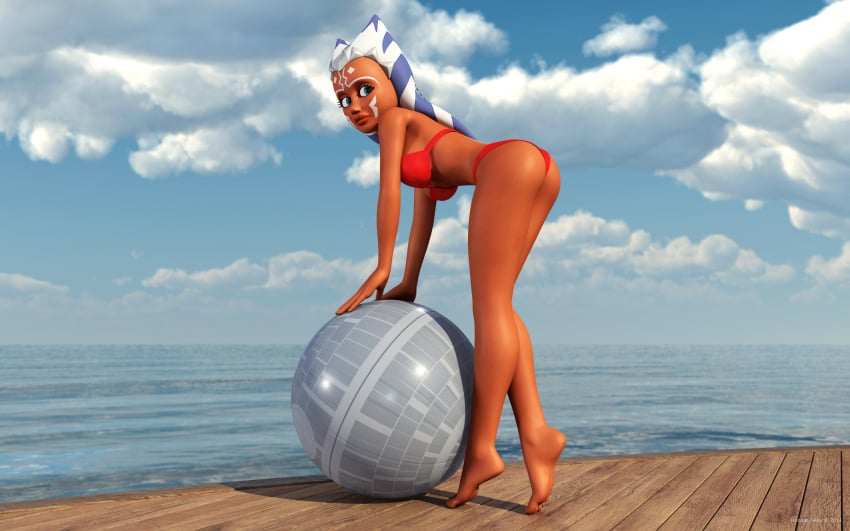 1girls 2014 3d ahsoka_tano alien alien_girl artist_name bare_shoulders barefoot bent_over big_breasts bikini bikini_bottom bikini_top blue_eyes busty clone_wars curvy day death_star_beach_ball detailed_background eyelashes female female_only hourglass_figure humanoid jedi jedi_padawan kondaspeter looking_at_viewer looking_back mammal marking midriff orange_skin outdoor outside pose posing shadow shiny shiny_skin side_view solo standing star_wars swimsuit thong togruta voluptuous wide_hips