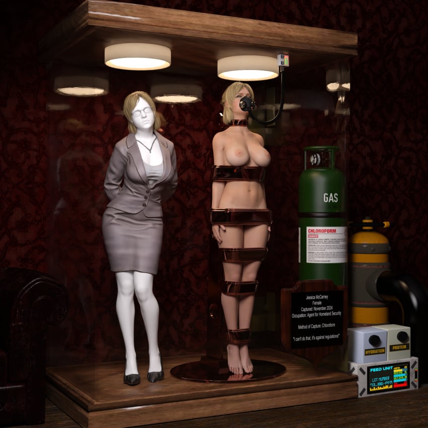 3d blonde_hair bondage bound completely_nude completely_nude_female dead_rising jessica_mccarney living_trophy mannequin nude nude_female oldmanjaay trophy_case