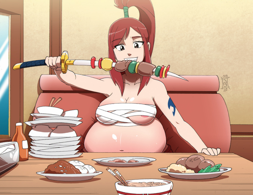 1girls 2012 areolae belly big_belly bowls breasts chubby dated eating empty_bowls empty_plates erza_scarlet fairy_tail female female_only food holding human large_breasts plates red_hair seriojainc sitting source_request stuffing table text watermark