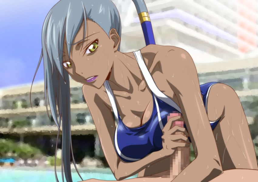 all_fours bare_arms bare_legs bare_shoulders blue_swimsuit breast_squeeze breasts censored cleavage clothed_female_nude_male code_geass dark_skin erection female grey_hair handjob highres kyabakurabakufu large_breasts legs lips lipstick long_hair looking_down lying makeup mosaic_censoring nude outdoors parted_lips penis ponytail purple_lips side_ponytail solo_focus sweat swimsuit thighs villetta_nu yellow_eyes