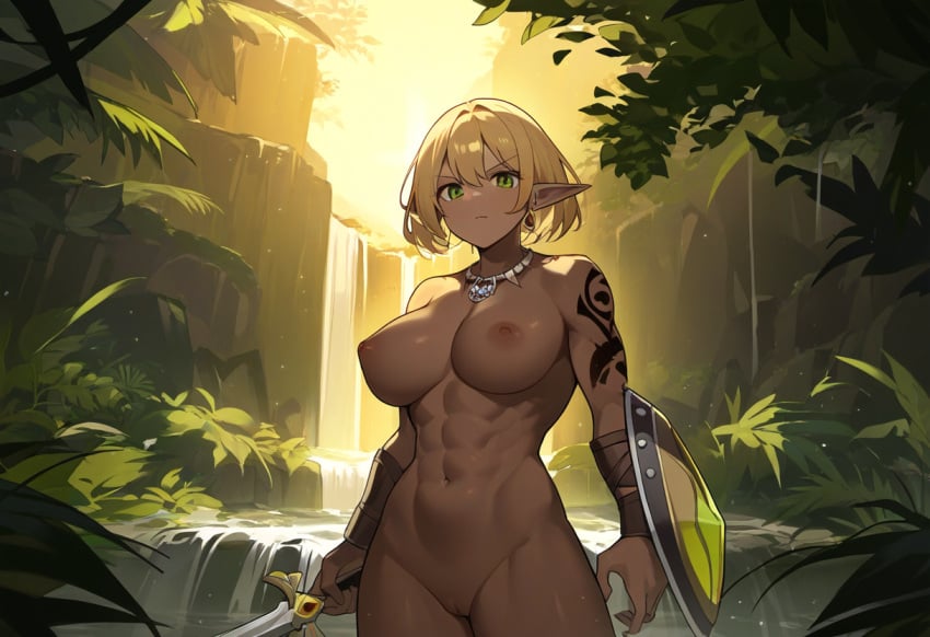 1girls ai_generated angry arm_shield blonde_hair cleft_of_venus dark-skinned_female dark_elf elf holding_sword jewelry jungle large_breasts looking_at_viewer muscular_female nature nipples original original_character outdoors shield short_hair sunset sword tattoo tribal_tattoo water waterfall