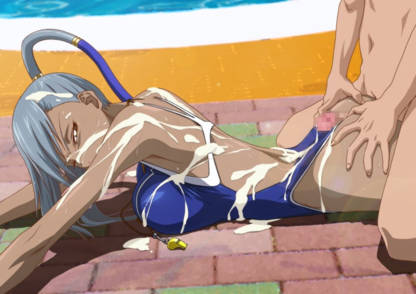 arms_up ass ass_grab back bare_arms bare_shoulders blue_swimsuit breast_press breasts buttjob censored clothed_female_nude_male code_geass cum cum_on_body cum_on_breasts cum_on_clothes cum_on_hair cum_on_upper_body dark_skin facial female floor grey_hair half-closed_eyes highres kneeling kyabakurabakufu large_breasts legs long_hair looking_back lying mosaic_censoring nude on_stomach outdoors penis pool solo_focus sweat swimsuit thighs villetta_nu water whistle yellow_eyes