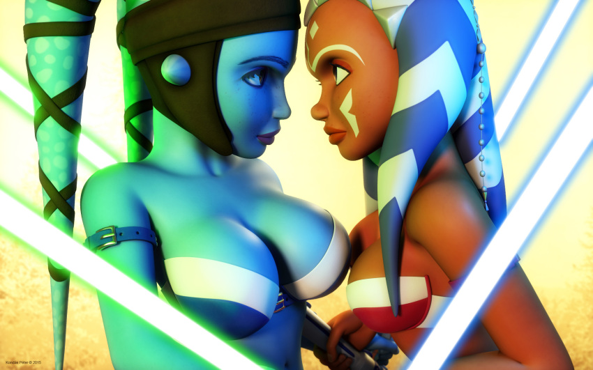 2015 2girls 3d aayla_secura ahsoka_tano alien alien_girl artist_name bald bare_shoulders big_breasts bikini bikini_top blue_eyes blue_lightsaber blue_skin busty cleavage clone_wars curvy detailed_background duo eyelashes female female_only freckles front_view green_eyes green_lightsaber headgear holding_object hourglass_figure humanoid indoors inside jedi jedi_master jedi_padawan kondaspeter lightsaber mammal multiple_females multiple_girls orange_skin pillow pose posing purple_lips room shadow shiny shiny_skin standing star_wars swimsuit togruta twi'lek voluptuous weapon wide_hips yellow_eyes