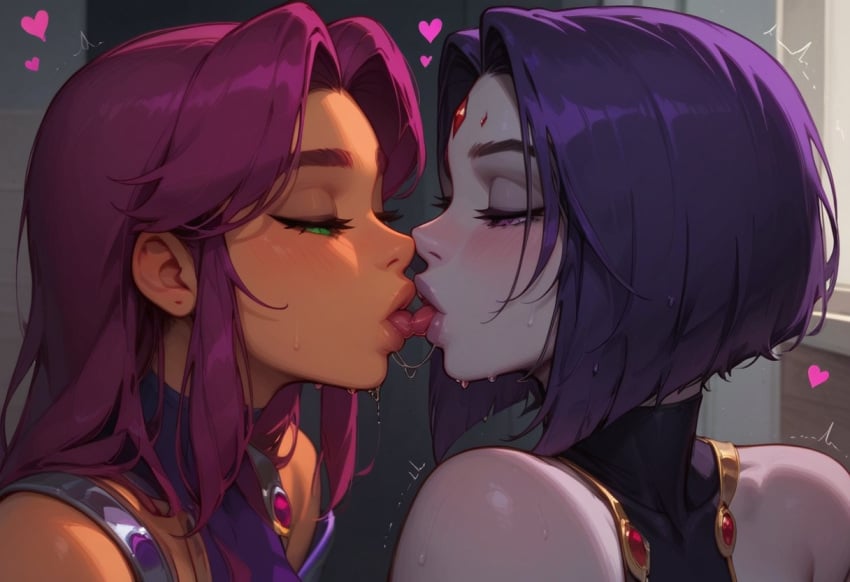 ai_generated ass bathroom breasts dc dc_comics grey_skin half-closed_eyes kissing large_breasts long_hair lovegwendolyn raven_(dc) red_hair sadtomato saliva saliva_string saliva_trail short_hair skimpy_clothes starfire teen_titans tongue tongue_kiss tongue_out yuri