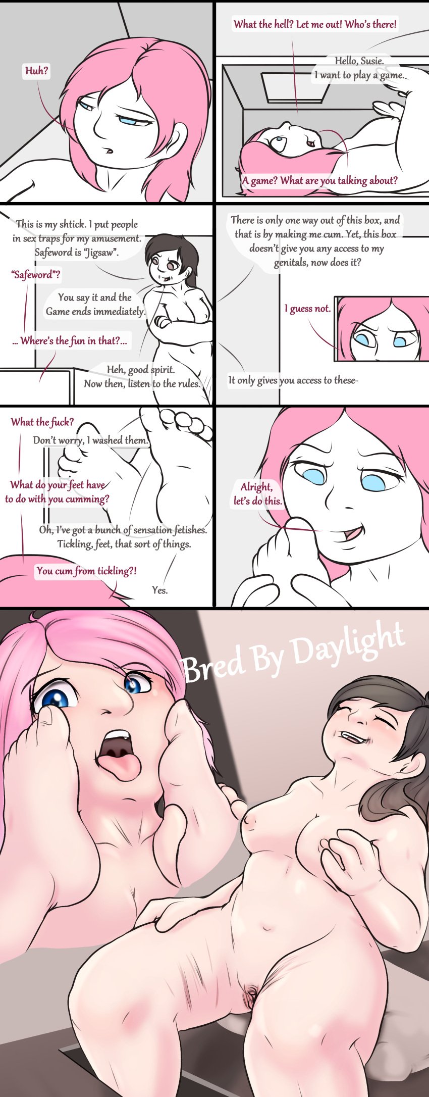 2girls amanda_young bred_by_daylight captured comic dead_by_daylight demonettem dialogue feet femdom foot_fetish lesbian_domination licking licking_feet pink_hair pink_hair_female safeword scars susie_(dead_by_daylight) susie_lavoie text tickling tickling_feet yuri