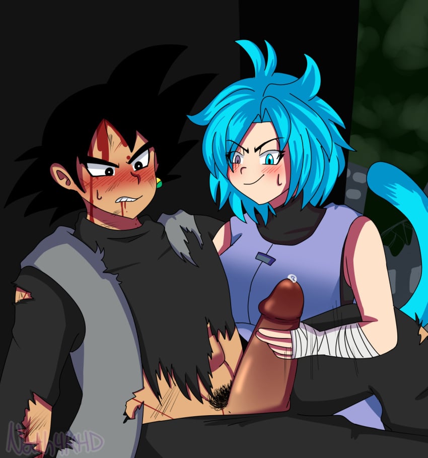 1boy 1boy1girl 1girls abs black_eyes black_hair blood blood_on_face blue_eyes blue_hair blue_tail blush blushing bruise bruise_on_face bruises clothed clothed_female cum dragon_ball dragon_ball_super dragon_ball_xenoverse female female_saiyan goku_black hair_over_one_eye hand_on_penis handjob heterochromia looking_at_penis looking_down looking_pleasured male_pubic_hair original_character penis potara_earrings precum pubes pubic_hair ripped_clothes ripped_clothing ripped_pants ripped_shirt saiyan spiked_hair spiky_hair sports_tape straight super_saiyan_blue sweat sweatdrop tail taped_hands torn_clothes torn_clothing torn_pants torn_shirt zamasu