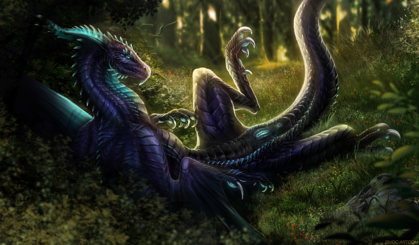 2018 amazing_background anus blue_eyes blue_hair blue_pussy claws detailed_background digital_media_(artwork) dragon female feral forest grass hair horn isvoc lying membranous_wings on_back purple_scales pussy scales scalie smile solo spines tree western_dragon wings xenthra_(character)