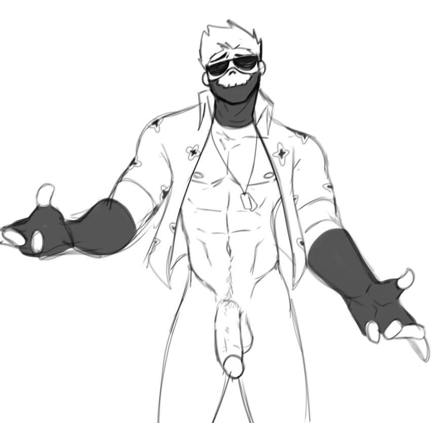 1boy abs black_and_white button_down_shirt dog_tags dogtags flaccid_penis gloves greyscale male male_focus male_only open_clothes open_shirt original_character pecs penis penis_out pubes pubic_hair shades shirt_open skull_mask soft_penis solo solo_male standing sunglasses tagme tagme_(artist) tagme_(character) unknown_artist white_background