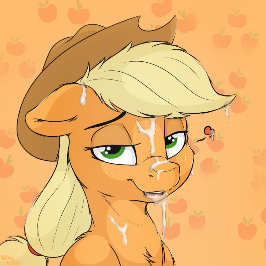 1:1 absurd_res applejack_(mlp) blonde_hair bodily_fluids bukkake clothing cum cum_in_mouth cum_inside cum_on_body cum_on_face digital_media_(artwork) earth_pony equid equine female feral friendship_is_magic fur genital_fluids green_eyes hair hasbro hat headgear headwear heart_symbol hi_res horse looking_at_viewer mammal my_little_pony mythological_creature mythological_equine mythology open_mouth pony simple_background smile solo tongue whyvern