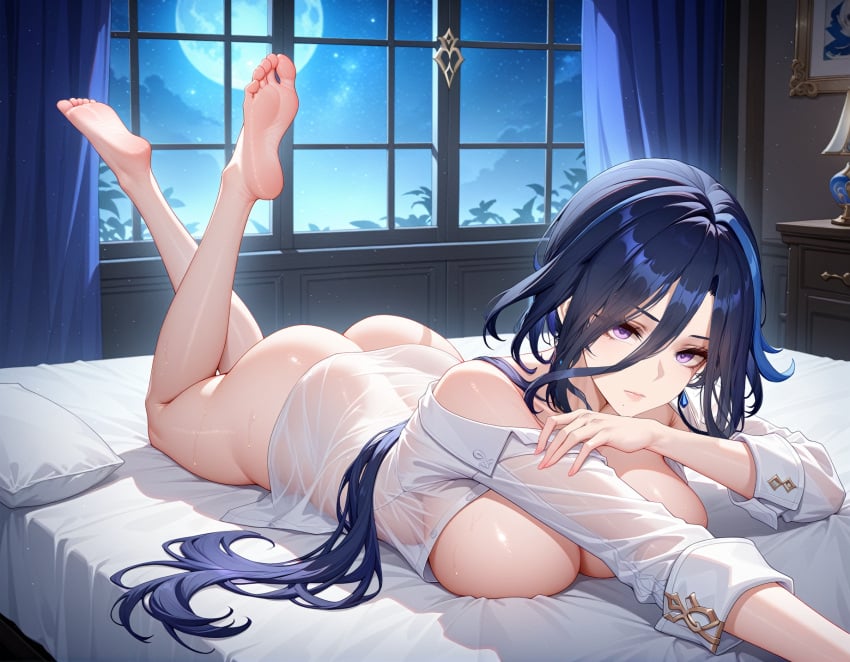 ai_generated bare_legs clorinde_(genshin_impact) degenbrecher female_only genshin_impact lying lying_on_bed night patreon patreon_username shirt_only subscribestar subscribestar_username uncensored