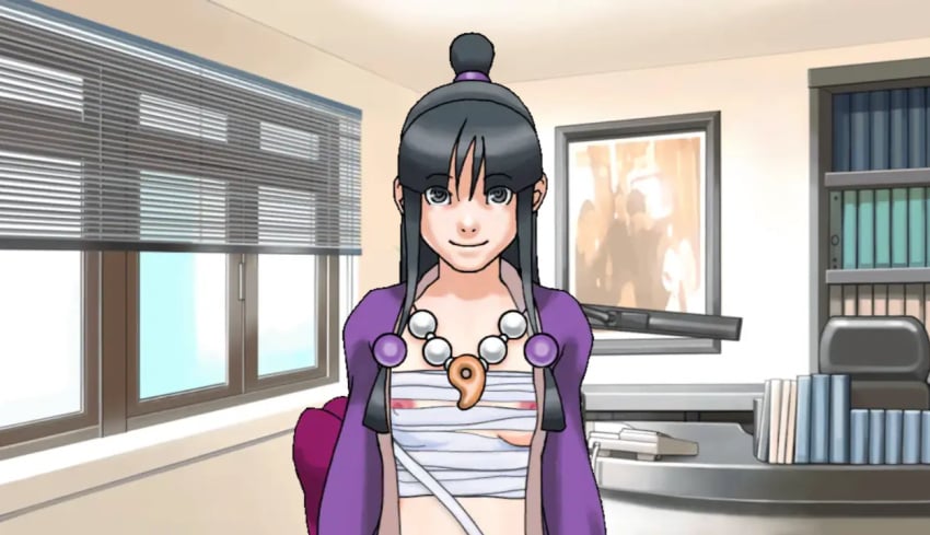 1girls accurate_art_style bangs black_hair bondage_outfit bookshelf clothed clothed_female exposed_breasts exposed_nipples female girl gyakuten_saiban inside kimono maya_fey necklace nipple_slip nipples office picture_frame pinkmochidango screenshot smile smiling tagme window