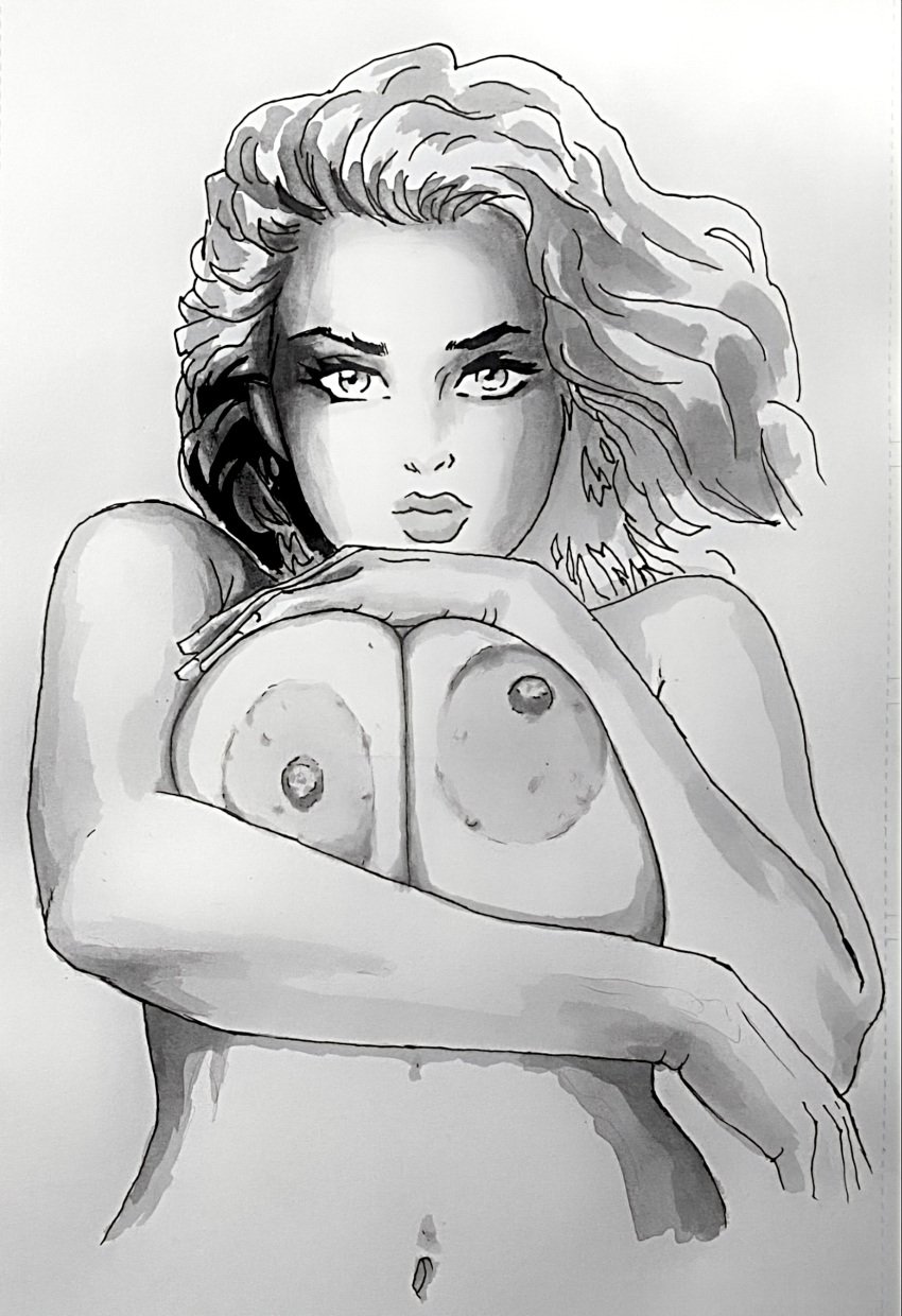 big_nipples breast_squeeze cavewoman cavewoman_(basement_comics) cavewoman_(series) fanart large_areolae large_breasts meriem_cooper sketch topless_female