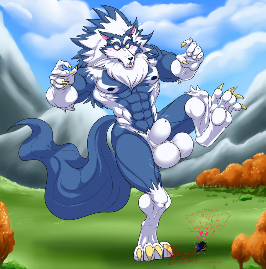 1boy 2018 4_toes 5_fingers abs animal_genitalia anthro balls biceps blue_fur blue_hair blue_nose blue_skin body_hair canine canine_penis chest_hair claws cloud darkstalkers digitigrade duo english_text eyebrows flaccid fully_sheathed fur gallon gloves_(marking) grass growth hair heart hungothenomster james_auvereign jon_talbain large_balls large_penis looking_down macro male male_only mammal mane markings micro mountain multicolored_fur multicolored_hair multicolored_skin muscular muscular_male muscular_thighs neck_tuft nipples nude outside pecs penis pubes sheath size_difference socks_(marking) solo solo_male speech_bubble standing surprise text toe_claws toes transformation_(body_part) tree tuft two_tone_fur two_tone_hair two_tone_skin video_games were werewolf white_fur white_hair white_skin wolf yellow_eyes