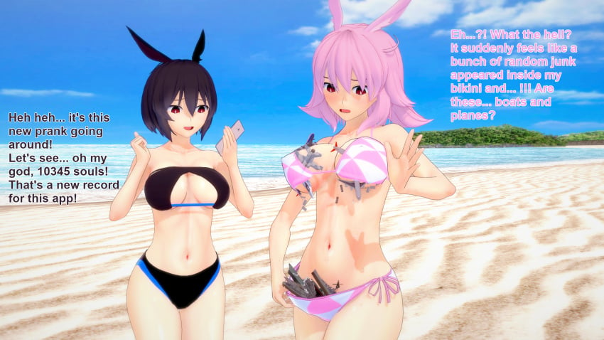 2girls 3d airplane ass bikini black_hair blush breasts cleavage destruction fate/grand_order fate_(series) female female_only giantess head_wings hildr_(fate) koikatsu large_breasts ortlinde_(fate) phone pink_hair red_eyes ship ship_destruction smartphone sweat swimsuit tagme teleportation valkyrie_(fate) xavierhuge