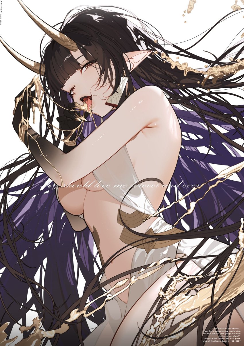 bodily_fluids bodily_fluids_in_mouth body_fluids breasts brown_hair demon dress female gold highres liquid long_hair looking_at_viewer ohkurrva oni original pointy_ears solo thighs tongue trade white_background white_dress