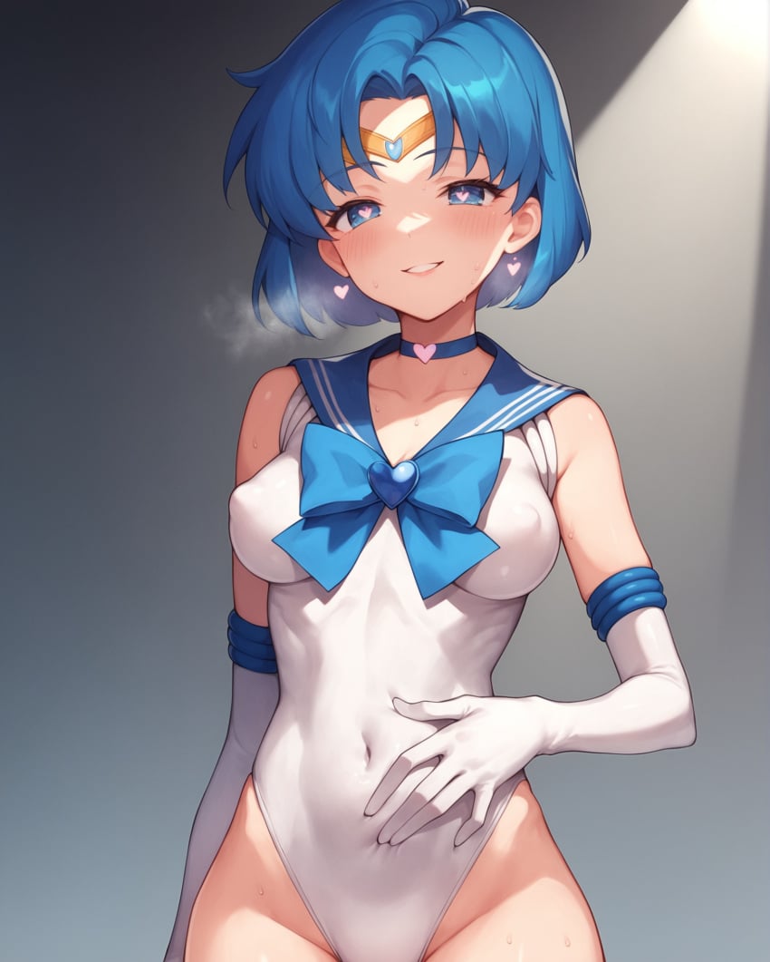 1girl 1girls ai_generated ami_mizuno bishoujo_senshi_sailor_moon blue_eyes blue_hair blush bow breasts choker circlet clothing collarbone covered_navel covered_nipples earrings elbow_gloves hand_on_stomach heart_choker heavy_breathing leotard looking_at_viewer medium_breasts notreallyhere parted_bangs perky_breasts sailor_mercury sailor_senshi_uniform short_hair simple_background small_breasts smile solo spotlight