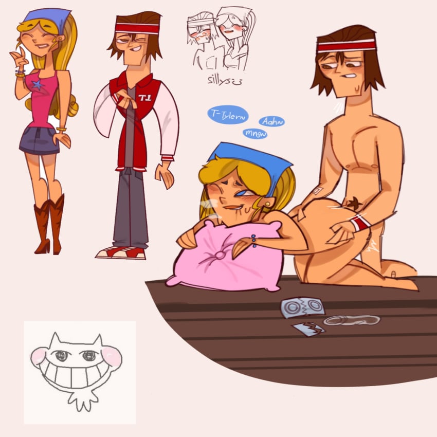 1boy1girl 2d ambiguous_penetration blonde_hair_female blue_eyes brown_eyes brown_hair_male canon_couple condom doggy_style female human human_only light-skinned_female light-skinned_male light_skin lindsay_(tdi) male male/female speech_bubble total_drama_island tyler_(tdi)