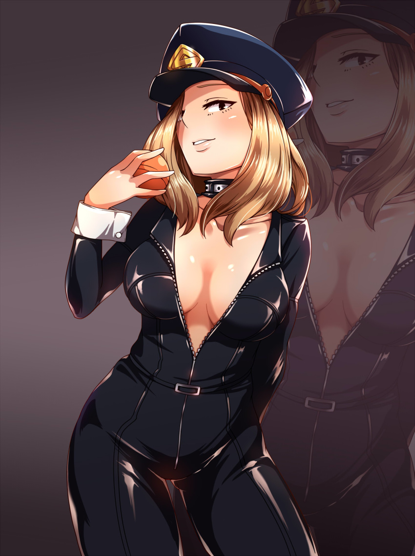 1girls bodysuit breasts brown_eyes camie_utsushimi catsuit cleavage female female_only hadome hair_over_one_eye hat hero_outfit_(mha) hourglass_figure human long_hair my_hero_academia peaked_cap shiketsu_high_school_cap solo unzipped wrist_cuffs zipper zoom_layer