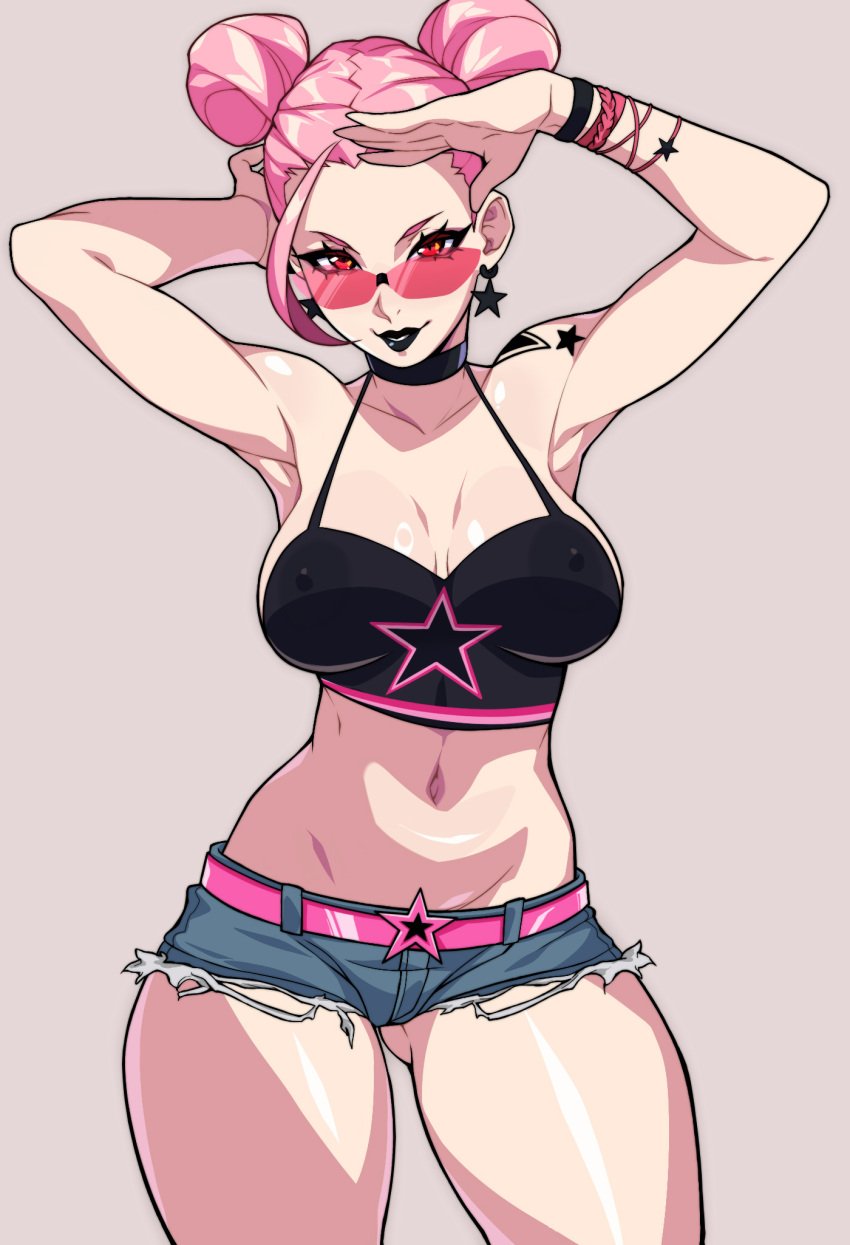 2d armpits belly black_lipstick buns chocker cowboy_shot earrings fortnite glasses haze_(fortnite) iogrunt lipstick looking_over_eyewear looking_over_sunglasses midriff navel pink_hair red_eyes shorts sunglasses surf_witch_(fortnite) tank_top tattoo tinted_eyewear