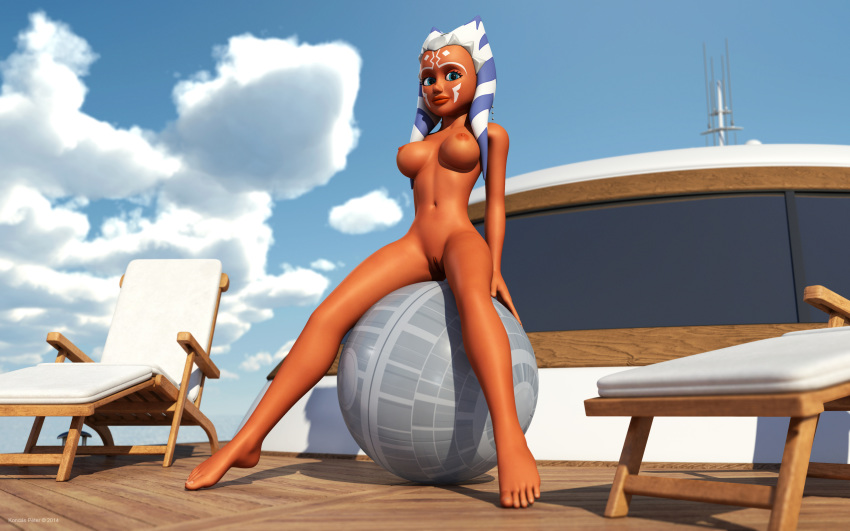 1girls 2014 3d ahsoka_tano alien alien_girl alternate_version_available artist_name bare_shoulders barefoot big_breasts blue_eyes busty chair clone_wars curvy day death_star_beach_ball detailed_background erect_nipple erect_nipples eyelashes female female_only front_view hourglass_figure humanoid jedi jedi_padawan kondaspeter looking_at_viewer mammal marking naked nude orange_skin outdoor outside pose posing sci-fi science_fiction scifi shadow shaved_pussy shiny shiny_skin sitting solo solo_female spread_legs spreading star_wars swimsuit thong togruta umbrella voluptuous water wide_hips