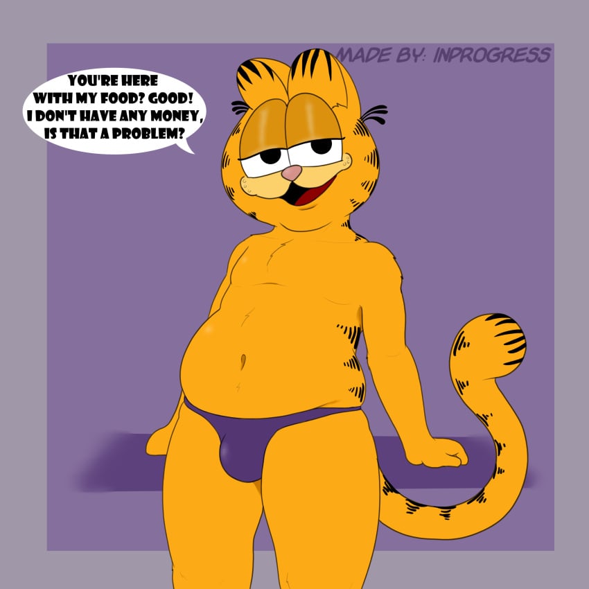 almost_naked bulge chubby dialogue garfield_(series) garfield_the_cat inprogress looking_at_viewer male male_only orange_fur stripes thong