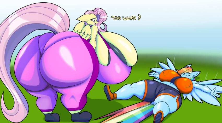 animal_humanoid anthro big_breasts big_butt biped blue_body breast_size_difference butt camel_toe clothed clothing dialogue digital_media_(artwork) duo equid equine eyelashes female fluttershy_(mlp) friendship_is_magic fur fur_breasts fur_thick_thighs furry hair hasbro hi_res huge_breasts huge_butt hyper hyper_breasts lying mammal my_little_pony mythological_creature mythological_equine mythology on_back pegasus pink_hair rainbow_dash_(mlp) text thiccbuns venus_figure wings yellow_body