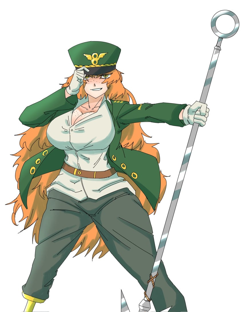 1girls big_breasts breasts cleavage clothed clothing female female_only freckles freckles_on_breasts gloves grin harpoon hat headwear holding_object holding_weapon ishmael_(limbus_company) jacket large_breasts limbus_company long_hair looking_at_viewer oldowan orange_hair pegleg project_moon shirt smile very_long_hair weapon yellow_eyes