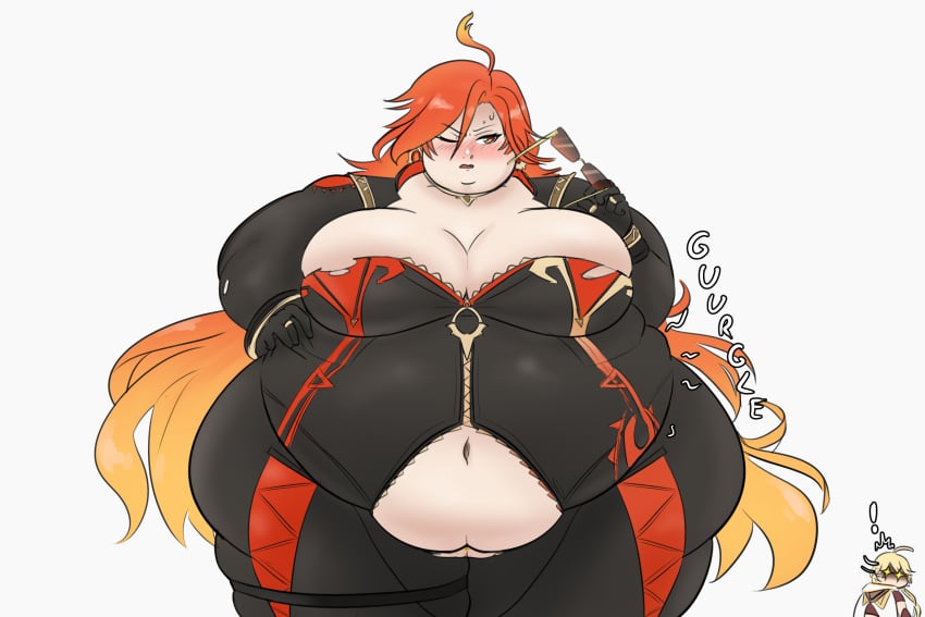 1girl 1girls aether_(genshin_impact) alternate_version_available bbw belly belly_button big_belly blush breasts buttybutter clothes_tearing double_chin exposed_fat_belly eyewear_removed fat fat_ass fat_female fat_girl fat_woman female genshin_impact gurgle hoyoverse huge_belly light-skinned_female light_skin mavuika_(genshin_impact) mihoyo mihoyo_technology_(shanghai)_co._ltd. morbidly_obese obese obese_female outgrowing_clothes overweight overweight_female red_hair solo ssbbw standing sunglasses weight_gain white_background