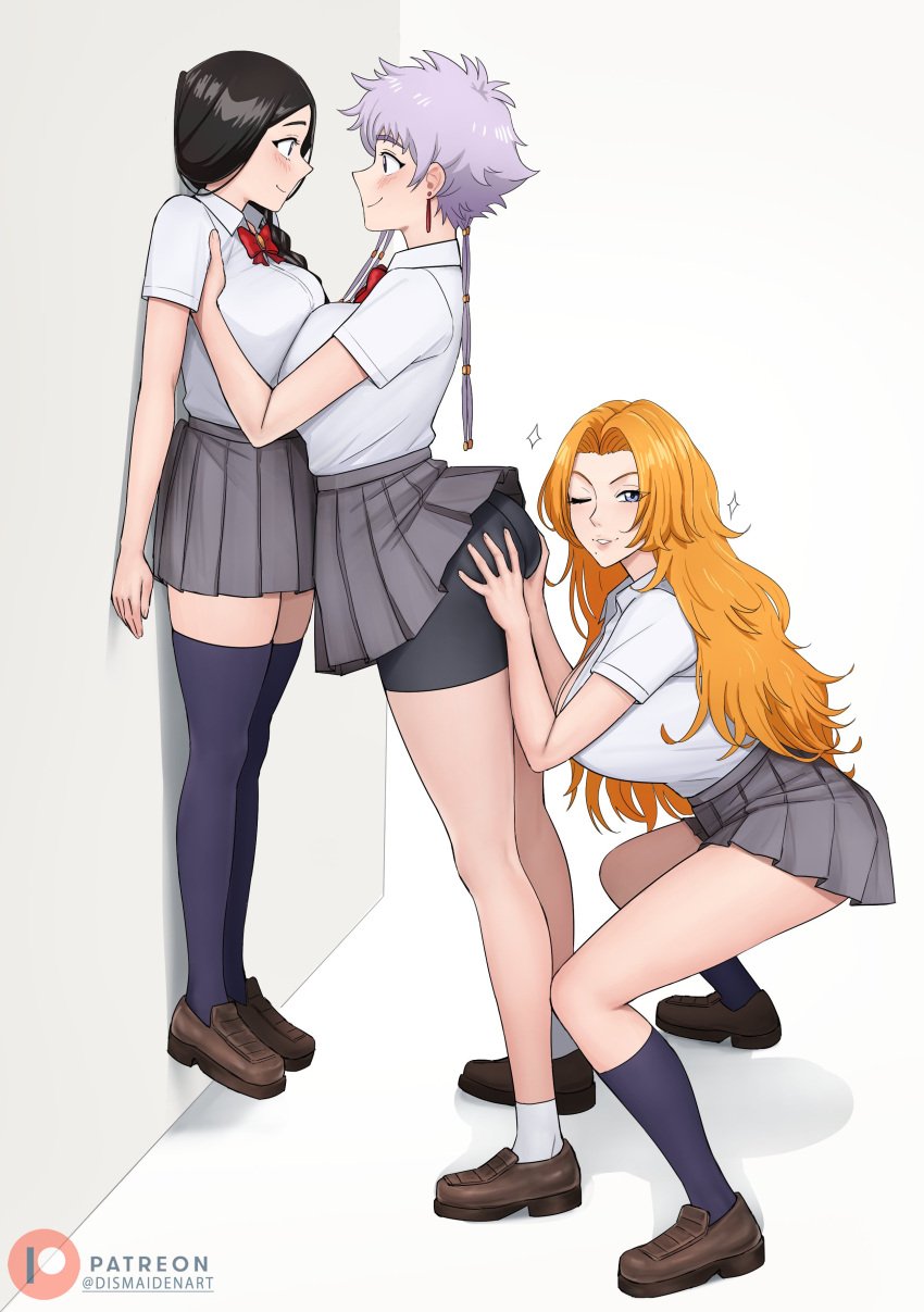 3girls ass ass_focus ass_grab big_ass big_breasts bleach breast_press breasts breasts_to_breasts dismaiden fat_ass fat_breasts female female_only groping groping_ass how_to_talk_to_short_people huge_breasts kotetsu_isane large_breasts matsumoto_rangiku meme multiple_girls panties school_uniform schoolgirl symmetrical_docking taller_girl unohana_retsu upskirt yuri