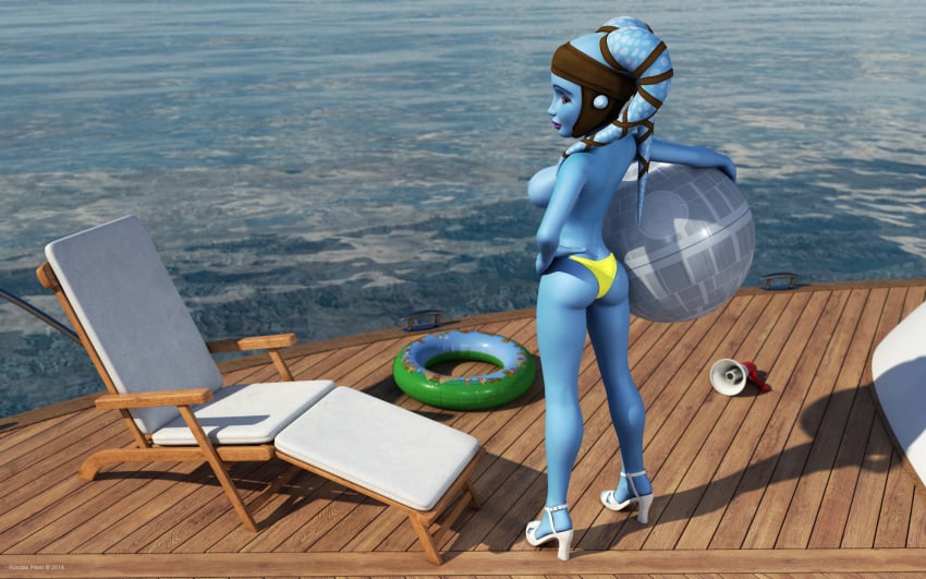 1girls 2014 3d aayla_secura alien alien_girl artist_name back_view backboob big_breasts bikini bikini_bottom blue_skin busty chair clone_wars curvy day death_star_beach_ball detailed_background erect_nipple erect_nipples ewok_floating_tire eyelashes female female_only half-dressed half_dressed hand_on_hip hands_on_hip hands_on_hips high_heels holding_object hourglass_figure humanoid jedi jedi_master kneeling kondaspeter mammal no_bra outdoor outside pose posing purple_lips shadow shiny shiny_skin sideboob solo standing star_wars swimsuit thong topless twi'lek voluptuous water wide_hips yellow_eyes