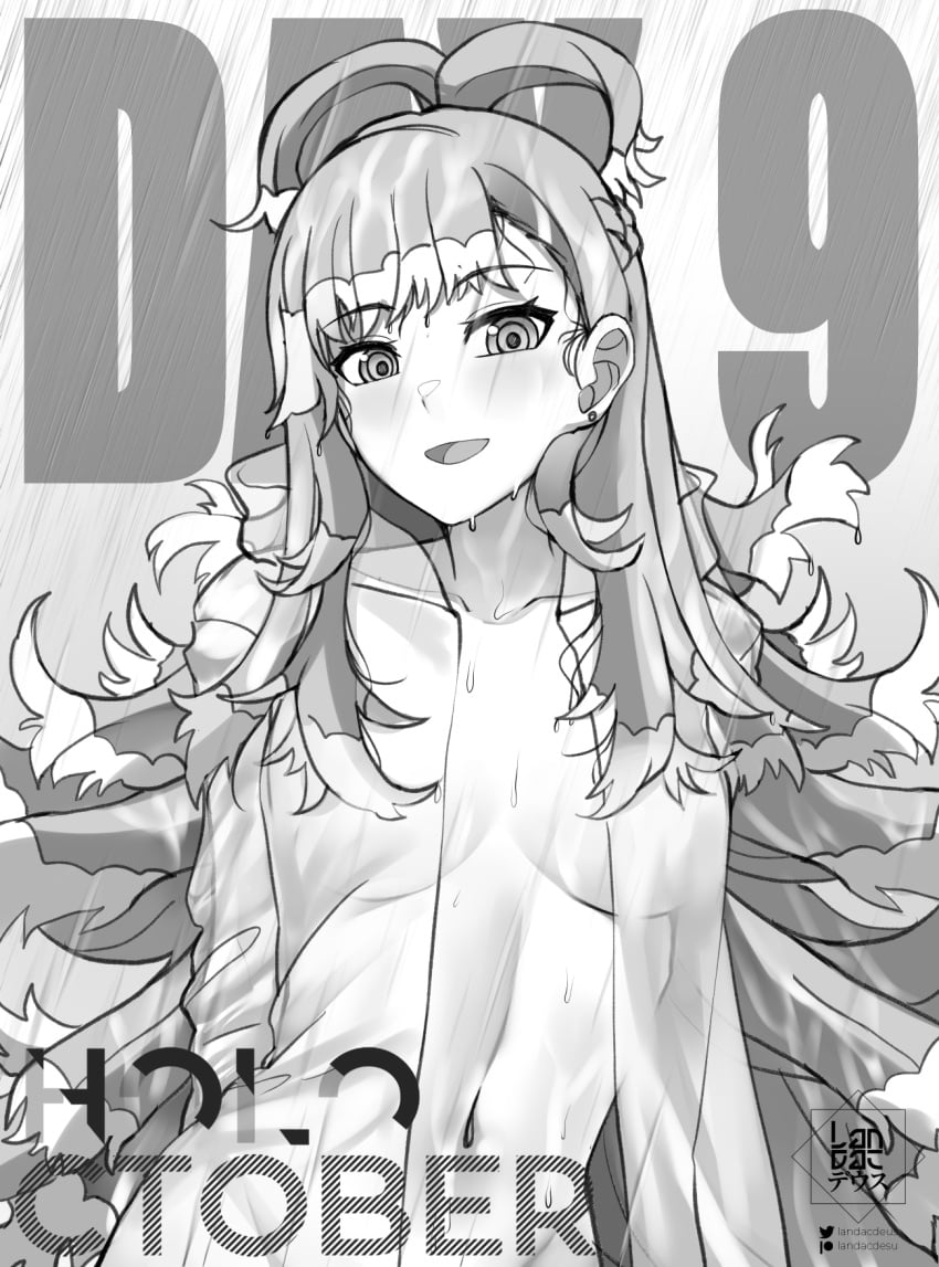 1girls black_and_white convenient_censoring female grayscale holoctober hololive hololive_indonesia kobo_kanaeru landacdeus looking_at_viewer mostly_nude naked nude rain raining smiling_at_viewer solo virtual_youtuber vtuber water wet wet_body wet_clothes wet_clothing wet_skin