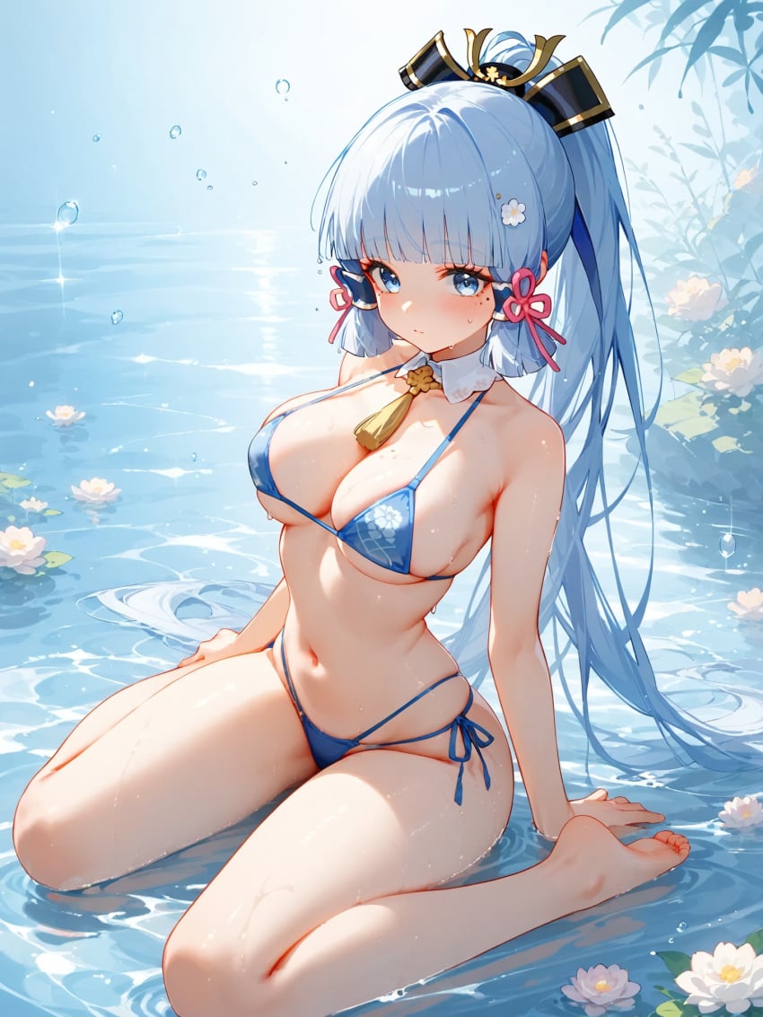 absurd_res ai_generated barefoot bikini blush breasts feet genshin_impact kamisato_ayaka micro_bikini ministro wet