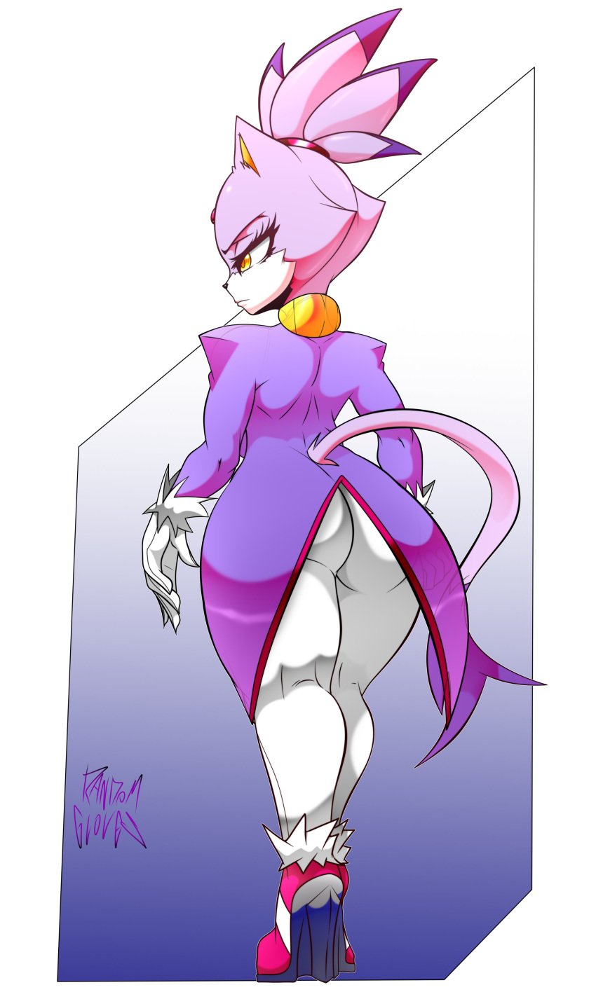 alternate_version_available anthro ass back_view blaze_the_cat cat_ears cat_tail feline full_body fully_clothed furry furry_female furry_only gloves glovesrandom heels high_heels purple_dress purple_fur sonic_(series) sonic_the_hedgehog_(series) standing thick_ass watermark white_background white_pants yellow_eyes