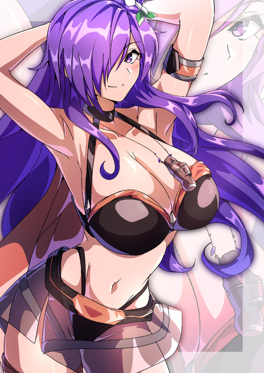 1girls arms_behind_head arms_up bikini cleavage fire_emblem fire_emblem_heroes fire_emblem_warriors:_three_hopes flower flower_in_hair hair_over_one_eye large_breasts looking_at_viewer nintendo purple_eyes purple_hair shez_(female)_(fire_emblem) shez_(female)_(summer)_(fire_emblem) shez_(fire_emblem) swimsuit to_(tototo_tk)