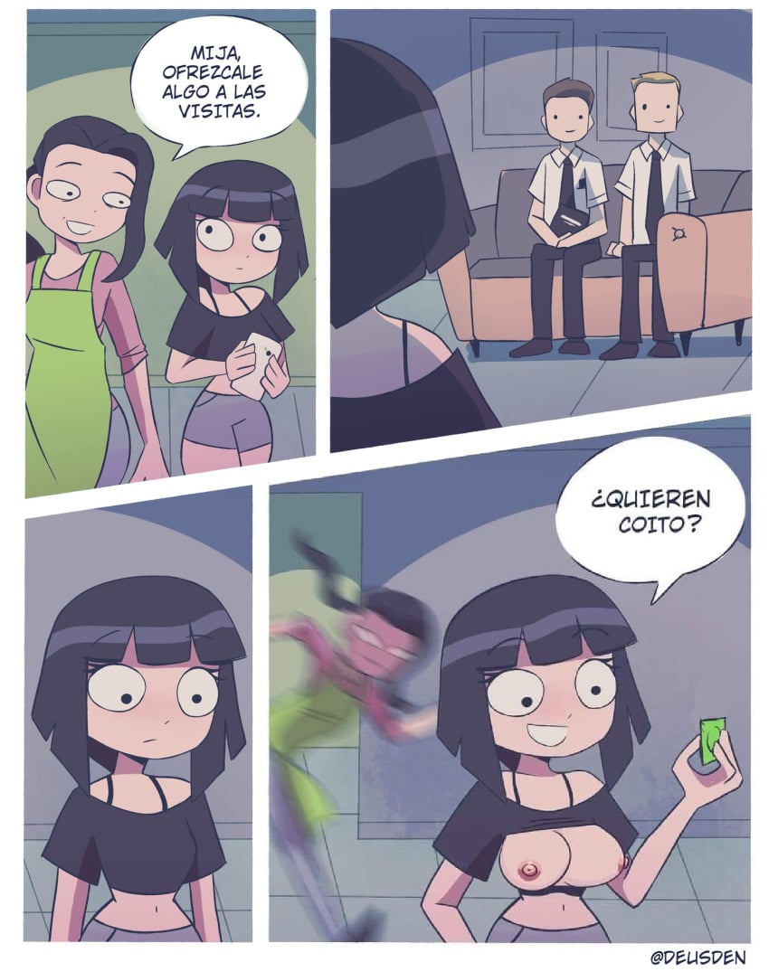 2boys 2girls apron condom couch deusden edit flashing_breasts goth goth_girl lifted_shirt marihuana mormon mother_and_daughter religious_clothing spanish_text suggestive topless translated webcomic