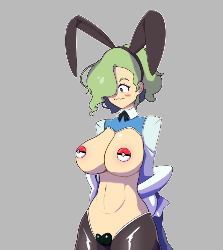 1girls 2024 blue_eyes blush bunny_ears ciphermaniac green_hair heart_symbol large_breasts nervous nipple_covers pokeball pokemon pokemon_trading_card_game reverse_bunnysuit rippledvoice self_upload wavy_mouth