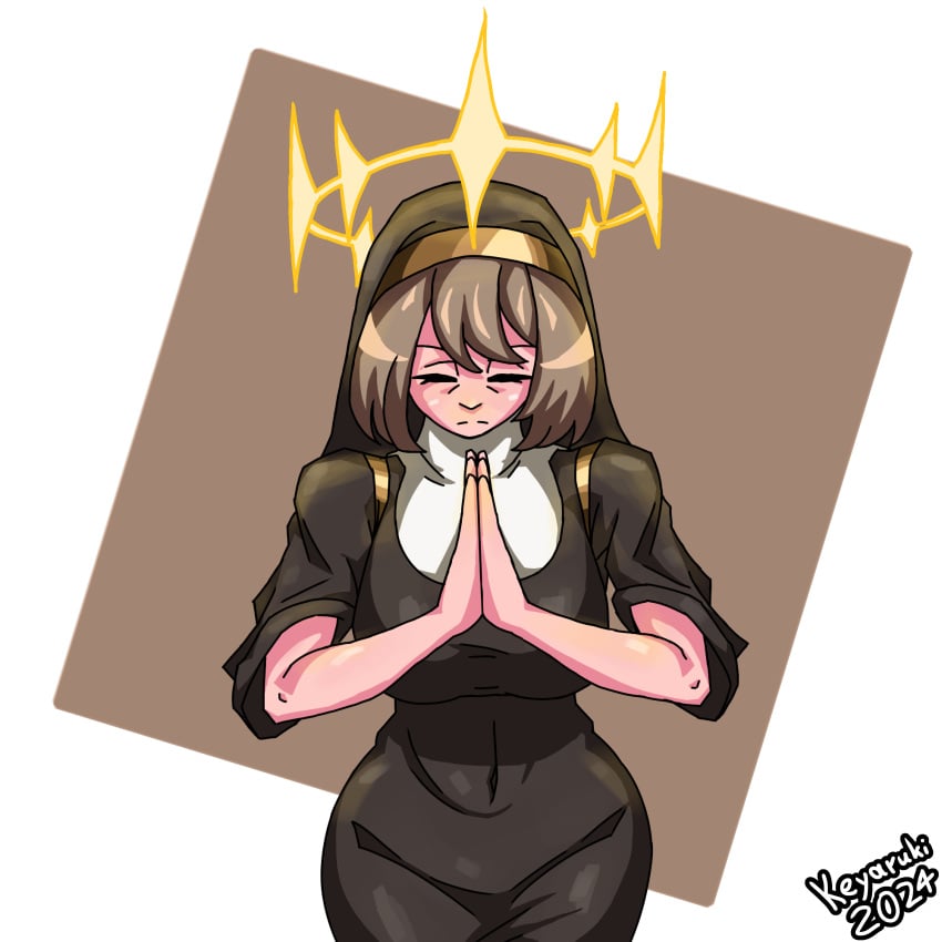 1girls bloodlight_(nyantcha) brown_hair female female_only halo keyaruki milf nun praying solo tonia_(thiccwithaq)