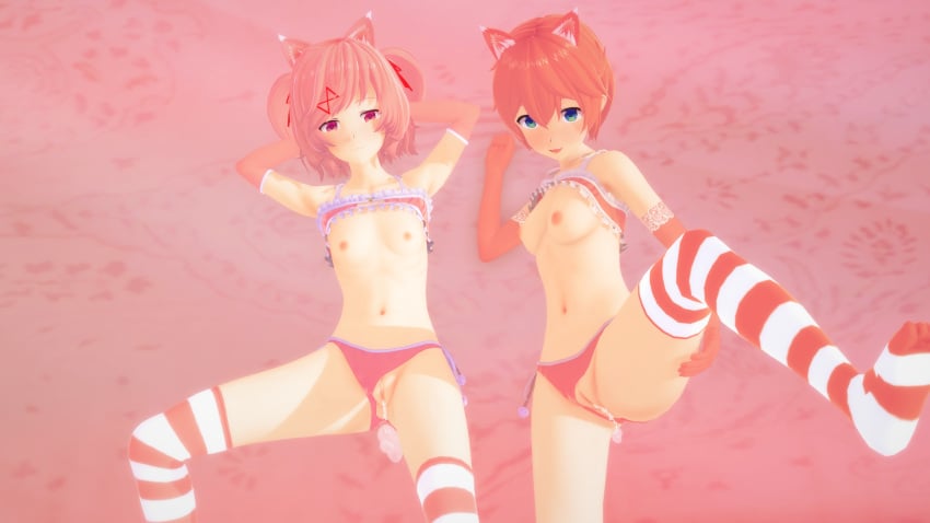 2girls after_sex cat_ears cum cum_drip cum_in_pussy cum_inside doki_doki_literature_club ecxreaper female female_only legs_apart legs_spread looking_at_viewer multiple_girls natsuki_(doki_doki_literature_club) nekomimi on_back on_bed pov pov_eye_contact sayori_(doki_doki_literature_club) showing_off