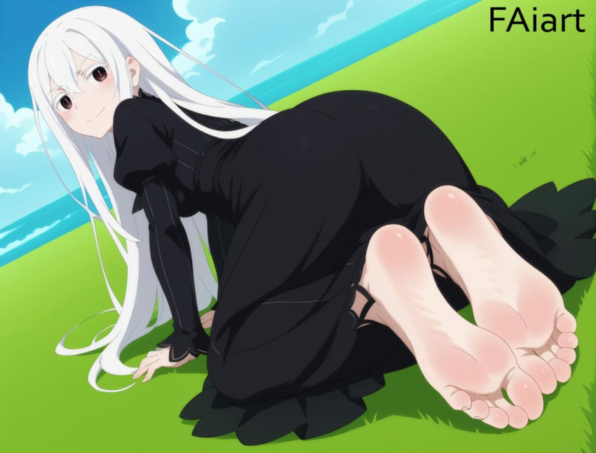 ai_generated all_fours echidna_(re:zero) faiart feet foot_fetish foot_focus looking_at_viewer looking_back pale_soles re:zero_kara_hajimeru_isekai_seikatsu soles toes white_hair