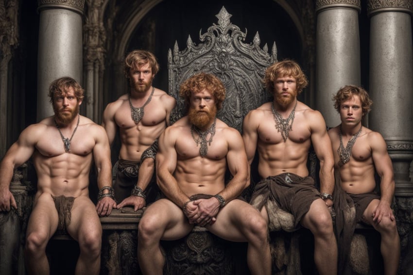 ai_generated bad_anatomy beard beard_stubble brothers ginger_hair loin_cloths male_only men_only necklace throne