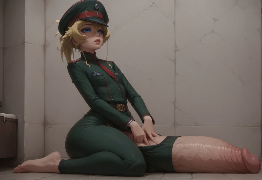 ai_generated blonde_hair blue_eyes civitai fully_clothed futanari hat highres huge_cock hyper_penis large_penis military_uniform sitting small_breasts tanya_degurechaff thick_penis veiny_penis youjo_senki