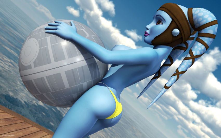 1girls 2014 3d aayla_secura alien alien_girl artist_name back_view backboob big_breasts bikini bikini_bottom blue_skin busty chair clone_wars curvy day death_star_beach_ball detailed_background erect_nipple erect_nipples eyelashes female female_only half-dressed half_dressed holding_object hourglass_figure humanoid jedi jedi_master kneeling kondaspeter mammal no_bra outdoor outside pose posing purple_lips shadow shiny shiny_skin sideboob solo standing star_wars swimsuit thong topless twi'lek voluptuous water wide_hips yellow_eyes