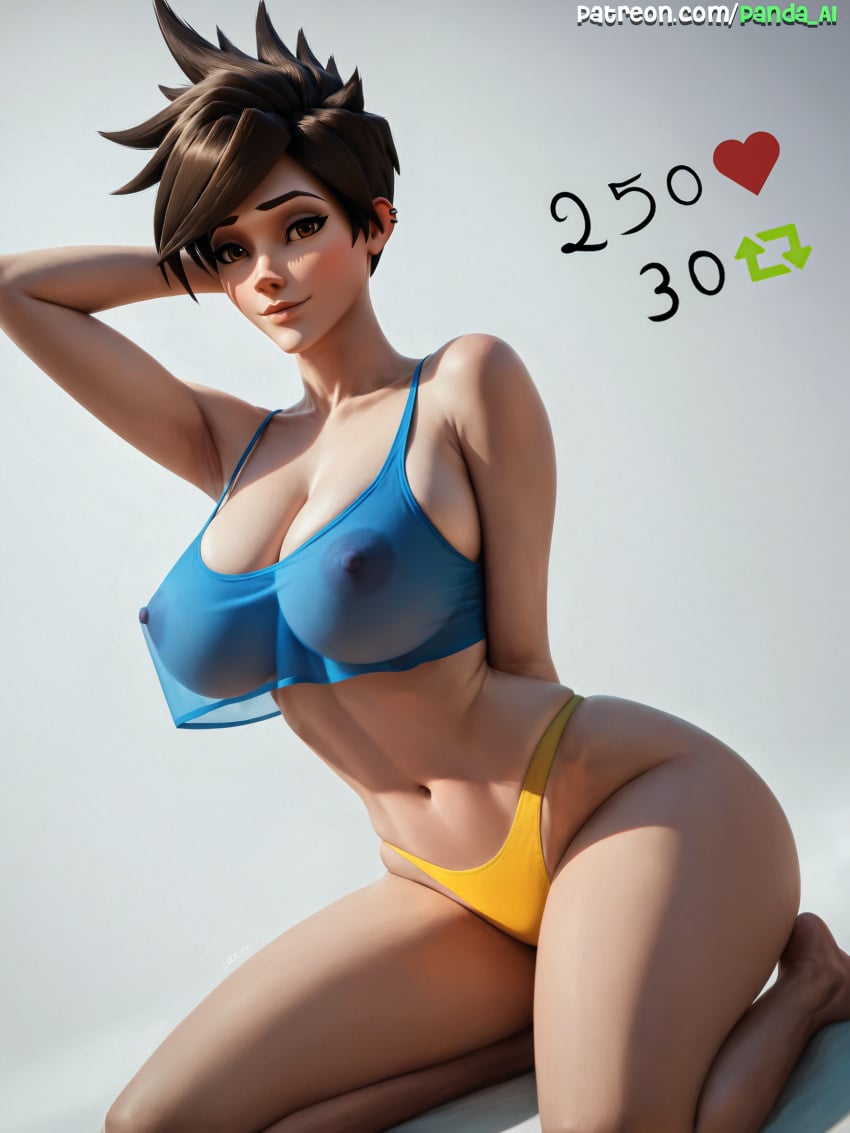 1girls absurd_res absurdres ai_generated areolae armpit armpits arms_behind_head blue_topwear brown_eyes brown_hair challenge crop_top female high_resolution highres kneeling legs looking_at_viewer midriff navel nipples overwatch overwatch_2 panda-ai panda_ai panties posing see-through see-through_clothing see-through_top sensual sexy_pose short_hair simple_background skindentation slim_waist solo solo_female solo_focus spiked_hair stable_diffusion tank_top tracer underboob white_background yellow_panties