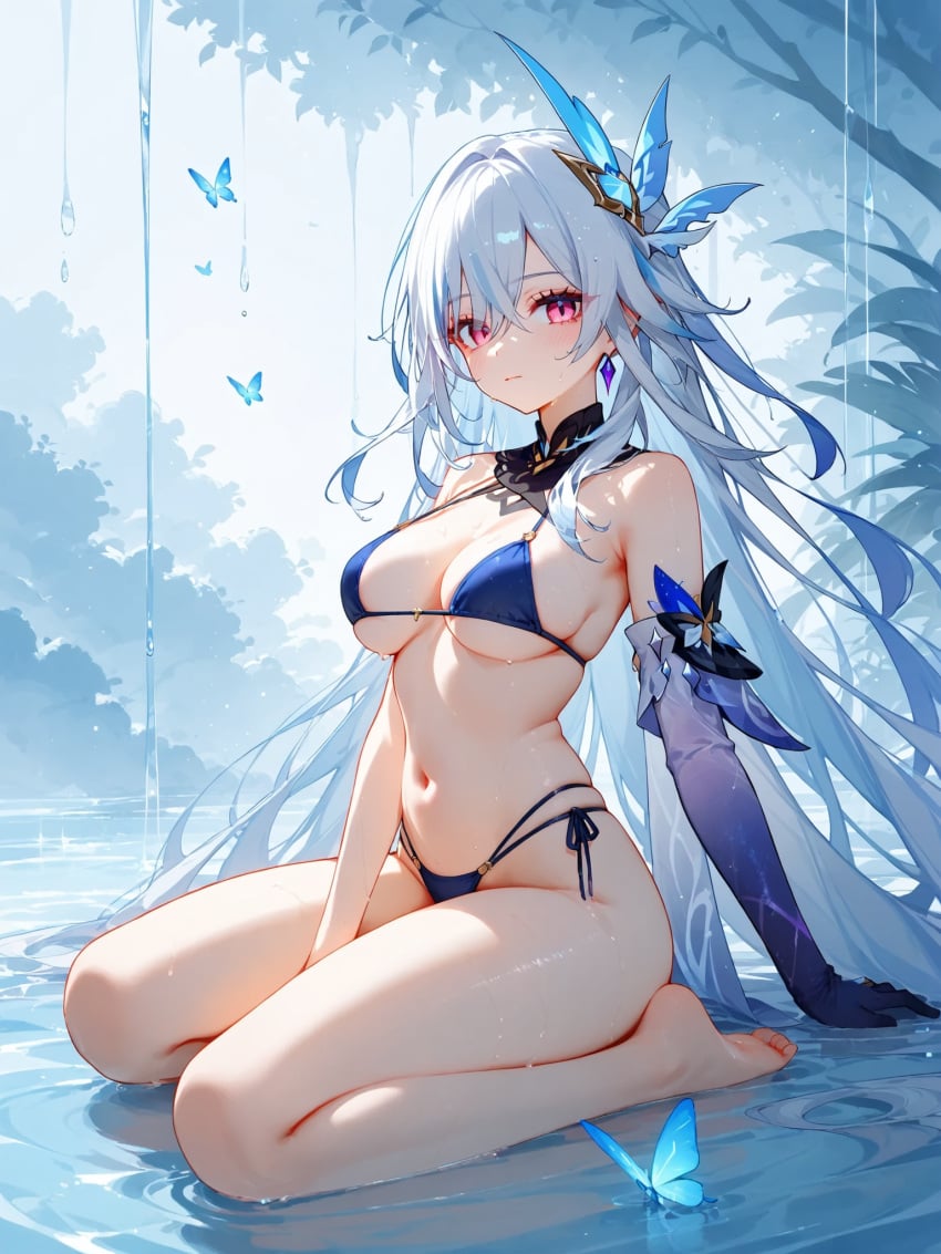 absurd_res ai_generated barefoot bikini blush breasts feet genshin_impact micro_bikini ministro skirk_(genshin_impact) wet