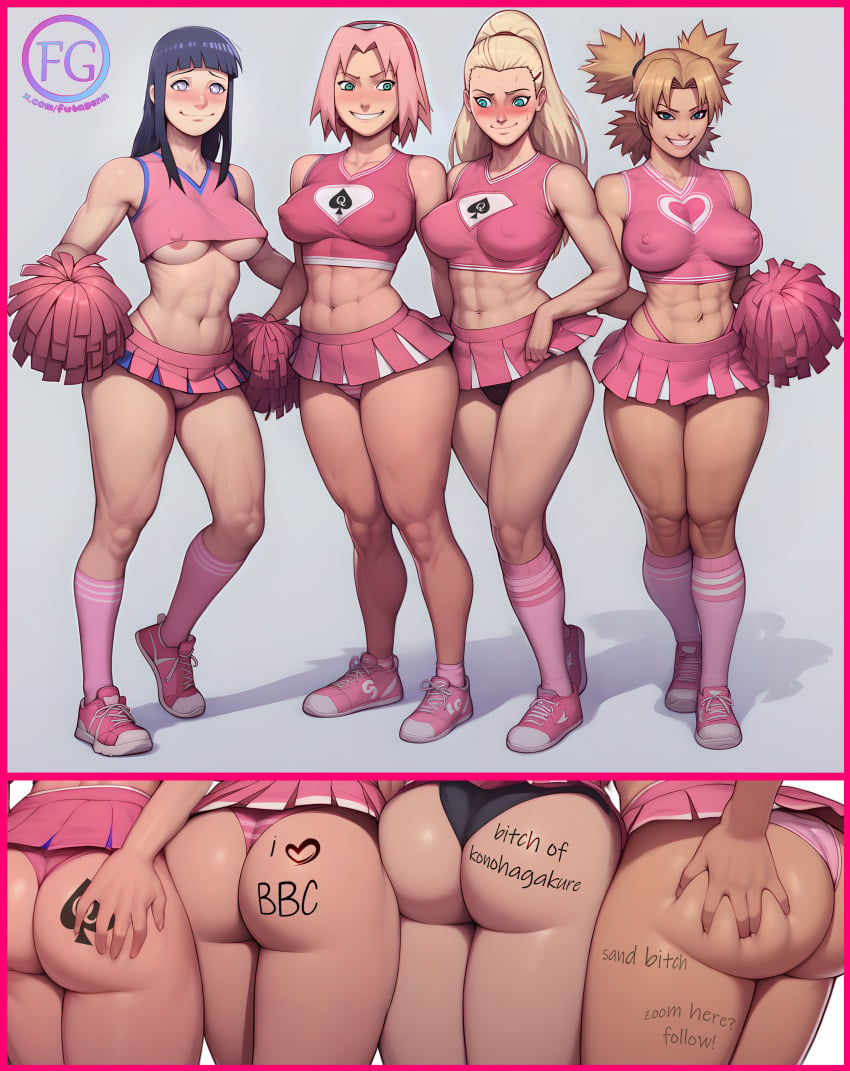 4girls abs ai_generated ass ass_grab big_ass big_breasts bimbo bimbofication black_hair blacked blonde_hair blush breasts bubble_butt cheerleader cheerleader_uniform curvaceous_teen dumptruck_ass fat_ass fat_ass_teen female female_only futagenn hyuuga_hinata ino_yamanaka large_ass large_breasts multiple_girls naruto naruto_(series) naruto_shippuden pink_hair pink_panties pom_poms pornstar_body queen_of_spades raceplay sakura_haruno slutty_outfit slutty_teenager smile teenage_girl teenager temari text_on_body thong_above_skirt toned_female voluptuous_teen