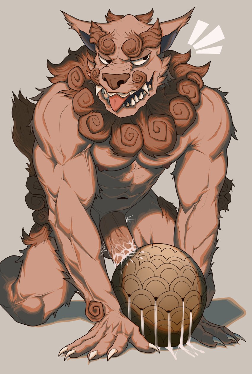 absurd_res asian_mythology bodily_fluids claws cum digital_drawing_(artwork) digital_media_(artwork) east_asian_mythology erection finger_claws foo_dog fur genital_fluids ggan_ggandi hi_res japanese_mythology male mammal muscular muscular_male mythology navel shisa_dog simple_background solo teeth tongue tongue_out